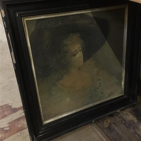 Framed portrait, w/colour & pair bird prints(-)